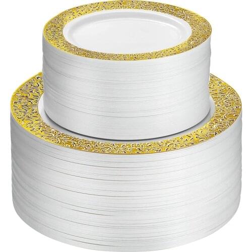 Practical Gold Disposable Plastic Plates -Lace Design Wedding Party Plastic Plates,Gold Lace Plates Salad/Dessert Plates 25Pack