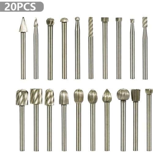 Rotary Router Milling Cutter 20pcs 3mm Shank HSS Routing Router Bits Burr Rotary Wood Carving Tool Kit Woodworking Tools