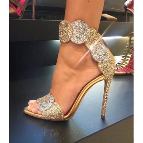 Summer Gold Bling Crystal Embellished High Heel Sandals Summer Sexy Open Toe Woman Back Zipper Ankle Strap Gladiator Sandals