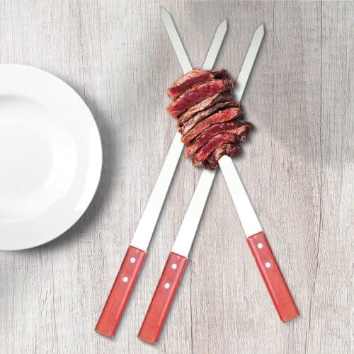 53CM/20.85in Reusable BBQ Skewer Flat Thickness Stainless Steel Barbecue Fork Long Wood Handle BBQ Kabob Skewers set 2/4/6pcs