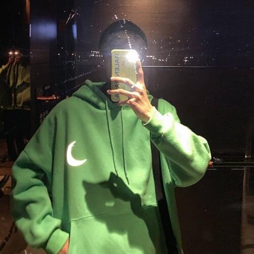 Moon Reflective print Hoodies Mens Sweatshirt Orange Autumn Winter Sweatshirts Men Streetwear Cool korean Loose Hoodies Male