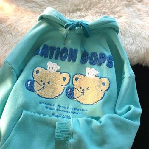 New Hip Hop Cute Bear Letter Embroidery Hoodies Women Sweatshirt Long Sleeve Tops Clothes for Teens 2021 Autumn Japanese Fashion