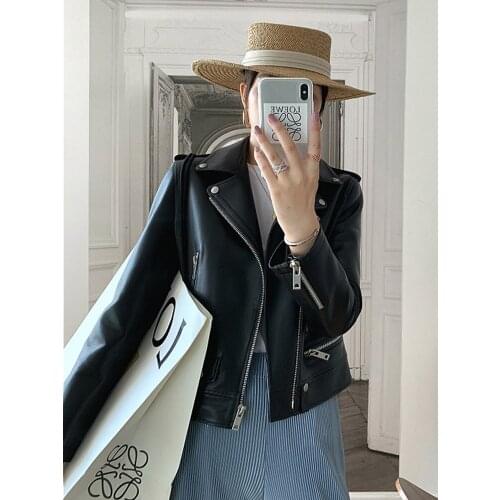 2020 Sheepskin Women Slim Genuine Leather Spring Fashion Cool Jacket Moto Biker Jacket Real Leather Coat