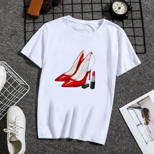 Summer New Funny Girls' high heels T-shirt Printed Chic Harajuku O-Neck Casual Retro Top Womens Fashion Tees Short Sleeve