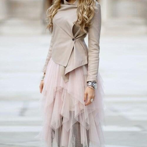 Trendy 2017 Chic Mid Calf Asymmetric Ruffles Tulle Skirts New Design Blush Pink Adult Tutu Skirt for Women Elastic Waist Custom