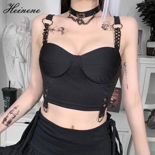 Heinene Gothic Women Camis Lace Sexy Skinny Spaghetti Strap Streetwear Strap Black Crop Tops Slim Women Clothes Backless