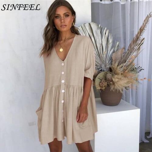 Women Summer Beach Dress Casual Half Sleeve Sexy V-neck Button Pocket Loose Dress Boho Mini Party Elegant Dresses Vestidos