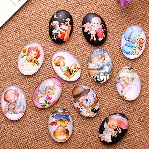 13x18mm Random Mixed Cute Angel Child Style Oval Glass Cabochon Flatback Photo Base Tray Blank DIY Accessories By Pair 30pcs