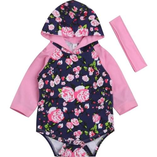 2PCS Newborn Baby Girls Floral Long Sleeve Hooded Bodysuit Jumpsuit Headband Set Outfits Clothes