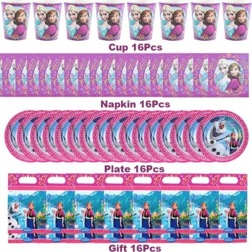 64pcs Frozen Elsa Anna Theme Princess Birthday Party Decorations Baby Shower Disposable Cup Plate Napkin Gift bag Tableware Sets