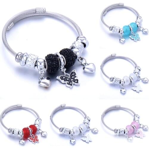 Adjustable Open Stainless Steel Beaded Bracelet Bangles Butterfly love heart Cuff Bracelet For Women Jewelry Gift For Girls