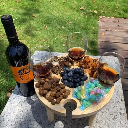 Wooden Outdoor Folding Picnic Table Round Folding Convenient Table with Glass Stand