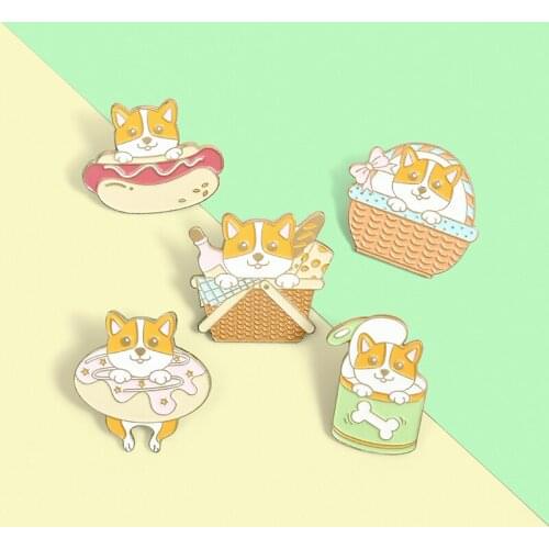 My Puppy Enamel Pins Picnic Basket Hot Dog Donuts Brooches Bag Lapel Pin Cartoon Pup Badge Jewelry for Kids Friends Wholesale