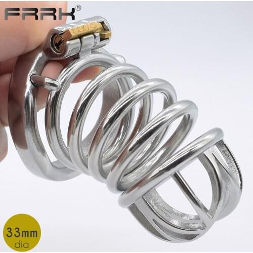 FRRK Long Cock Cage for Men Metal Male Chastity Device Steel Bondage Belt BDSM Adult Sex Toys Stealth Lock Penis Rings