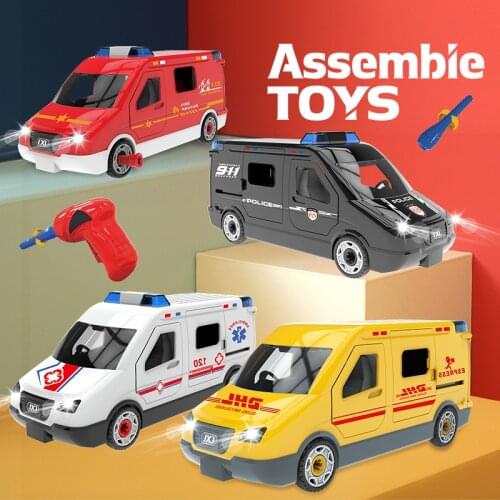 Nut Tools Assemble Toy Drill Car Model Ambulance Car with Light and Music Creative Education Gift for Boy Girl