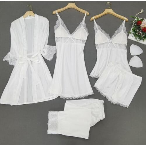 5PCS Pajamas Suit Lace Perspective Satin Sleepwear Lady Summer PJS Sets With Bow Sexy Lingerie Robe Kimono Bath Gown Lounge Wear