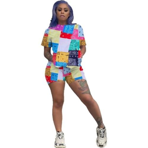 Summer Two Piece Set 2021 Women Clothing Colorful Cashew Print T-Shirts Top Shorts Sets Casual Loose Tracksuit Outfits Wholesale