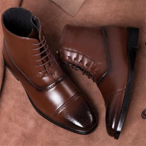 2020 New Men Boots Leather Fashion Side Zipper Lace Up Men High Top Brogue Shoes Man Oxfords European Leather Boots Men