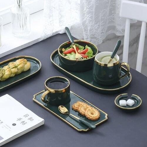 Nordic Style Gold Inlay Green Ceramic Plate Coffee Cup Mugs Bowl Tableware Bowl Ins Dinner Dish Porcelain Dinnerware Set