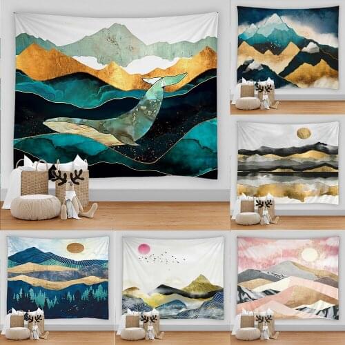 Japanese Style Wall Tapestry Abstract Painted Sunset Mountain Forest Hippie Mandala Tapestries Landscape Wall Hanging Carpet