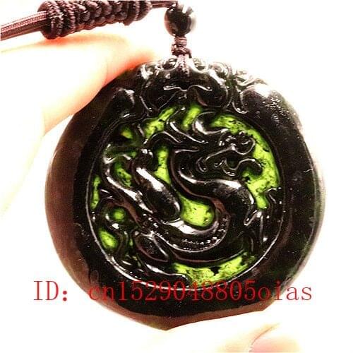 Natural Chinese Black Green Jade Dragon Pendant Necklace Obsidian Accessories Charm Jewelry Carved Amulet Gifts for Women Men