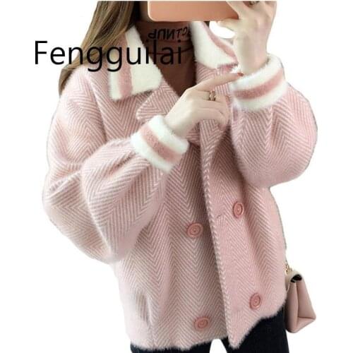 2020 New Autumn And Winter Imitation Mink Knitted Tops Female Small Coat Thick Fashion Loose Knit Cardigan Shirt Women Jacket