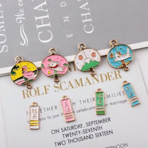 New Arrival 10pcs Kawaii Animal Rabbit Cat flamingo Bird Round Enamel Alloy Pendant Charms Rectangle Oil Drop Cute Wind Bell DIY