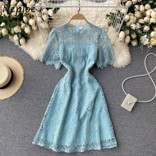 Neploe Heavy Work Hollow Out Design Temperament Dress Women High Waist Hip A Line Slim Vestidos O Neck Short Sleeve Robe Summer