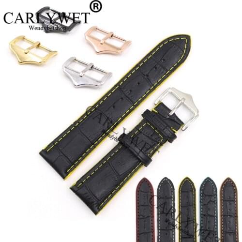 CARLYWET 18 20 22mm Real Calf Leather Black Handmade Stitches Wrist Watch Band Strap Belt For Rolex Omega IWC Tudor Tag Heuer