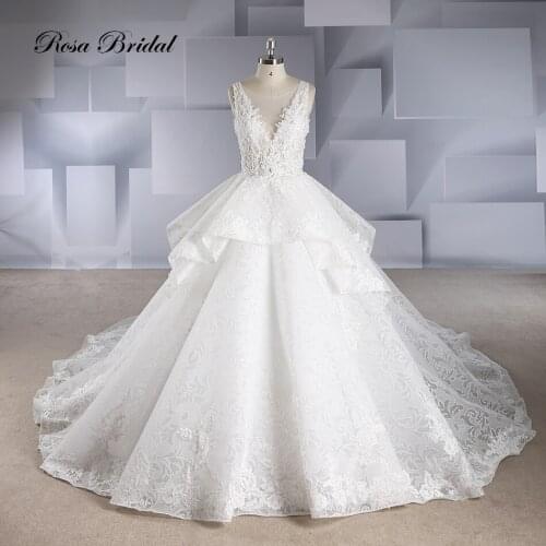 Rosabridal ball gown Wedding Dress Sleeveless deep o Neck beading Lace Appliques Embroidery Open Back Bridal Gown with tail