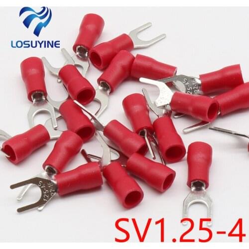 SV1.25-4 Red Furcate Fork Spade 22~16AWG Wire Crimp pressed terminals Cable Wire Connector 100PCS/Pack SV1-4 SV