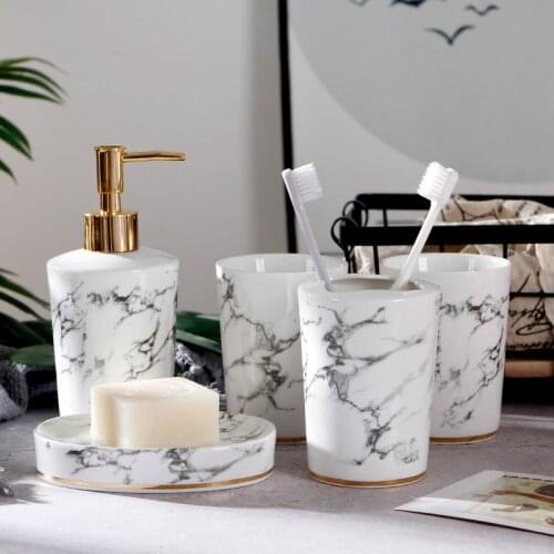 Marble Texture Ceramic Bathroom Accessories Set Bathroom Kit 2020 Wedding Set Toothbrush Holder Soap Dispenser Bathroom Tray So
