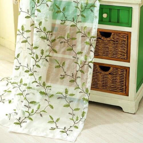Pastoral Leaves Pattern 100% Polyester Embroidery Tulle For Living Room Bedroom Window Sheer Green/Blue/Orange Voile Ready Made