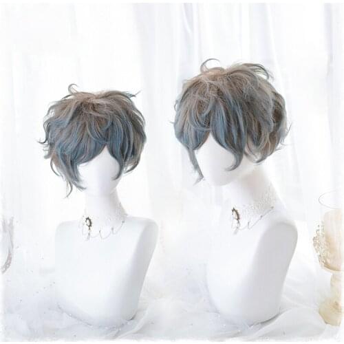Harajuku Japanese Style Men Gay Hair Daily Wig Party Anime Short Men Hair Brown Blue Mix Cosplay Costume Wig+Free Cap Hairpiece