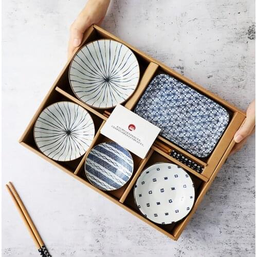 Japanese Ceramic Set Two People Food Plate Rice Sauce Bowl Sushi Plate Chopstick Tableware Microwave Heating Housewarming Gift