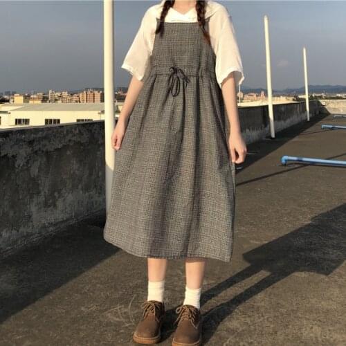 Japaneser College Style Retro Hipster Loose Slimming Plaid Strap Dress fairy dress tea party lolita dress sweet lolita doll