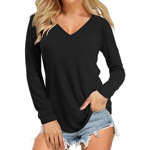 Women Summer T-shirt Oversized Solid Color Long Sleeve Pullover Tops Streetwear Casual V-neck Tshirts Leisure Time Топ Женский