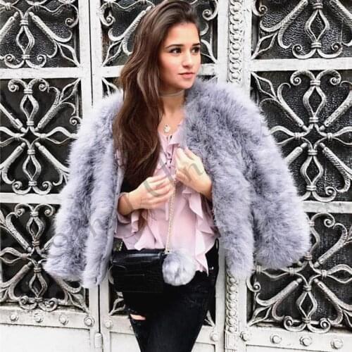 ETHEL ANDERSON 100% Real Farm Ostrich Feather Fur Turkey Fur Womens Coat Jacket 3/4 Sleeve Lady Outwear Short Spring Fall Style