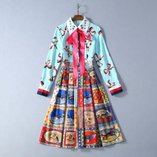 2021 for European Spring and American womens wear Long sleeve bow lapel Animal printed Fashion dress