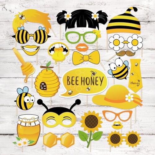 25pcs Yellow Bee DIY Photobooth Props Cartoon Bee Honey Party Decorations Baby Shower Happy Birthday Party Favors