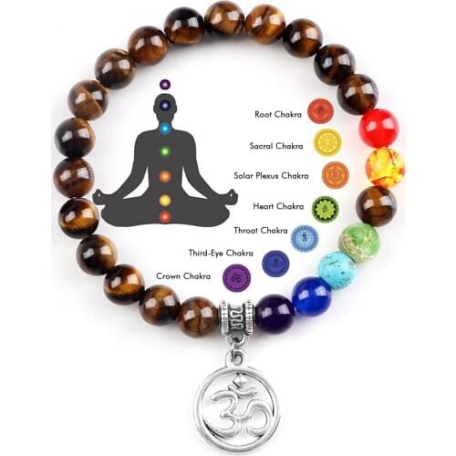 Natural Stone 7 Chakra Bracelet Reiki Healing Yoga Beads Bracelets OM Mala Pendant for Women Men Meditation Jewelry Gift Bangles