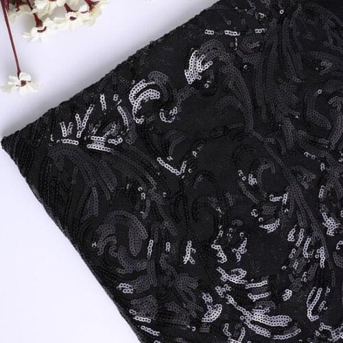 3mm Black embroidered Sequin fabric four side elastic mesh cloth bead piece embroidered fashion dress fabric 1MX1.25M
