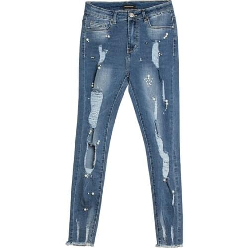 DSQBRAND Womens high-rise ripped jeans two-tone studded pearl denim pants slim stretch trousers DSQ letter logo luxury fashion