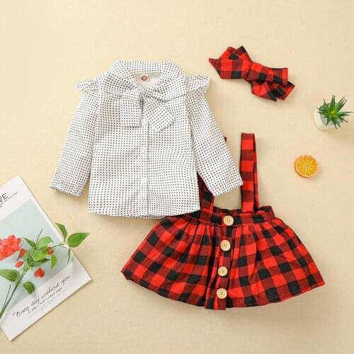 FOCUSNORM Christmas Baby Girls Autumn Clothes Sets 3pcs Dot Long Sleeve Bow Shirts Tops Plaid Printed Dress Headband