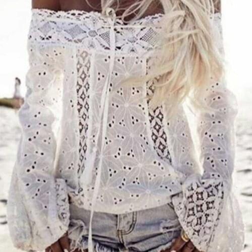 T Shirt Women Summer Clothes 2021 White Horn Bud Silk Sleeve off-the-shoulder Tassel Lace Stitching Tshirt CHF8838
