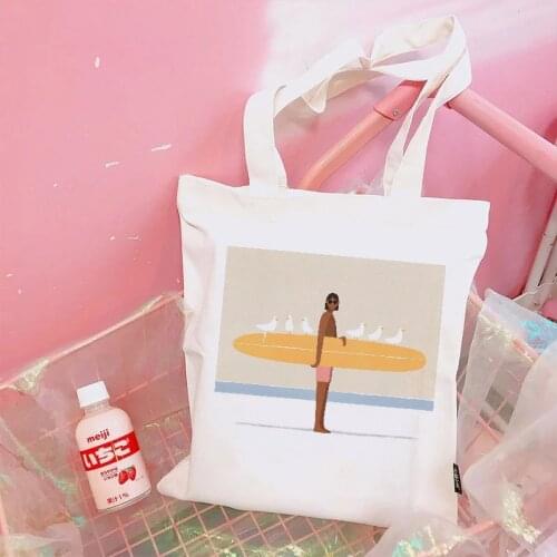 Women Canvas Shoulder Bag Surf Printing Simple Shopping Bags Students' Book Bag Cotton Cloth Handbags Tote For Girls