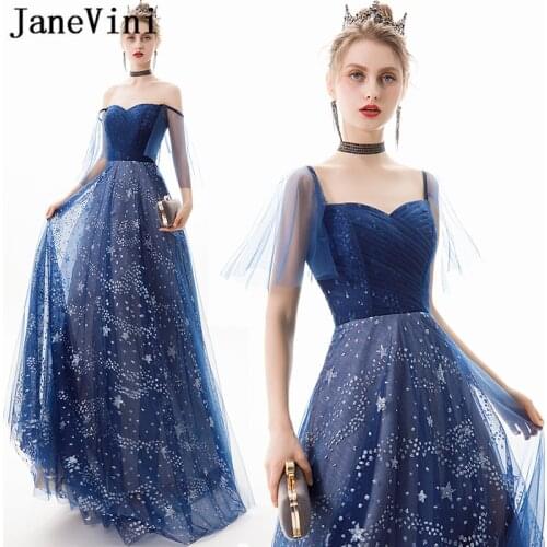 JaneVini Vintage Navy Blue A Line Long Prom Dresses 2019 Sweetheart Star Pattern Sequined Tulle Floor Length Formal Party Gowns