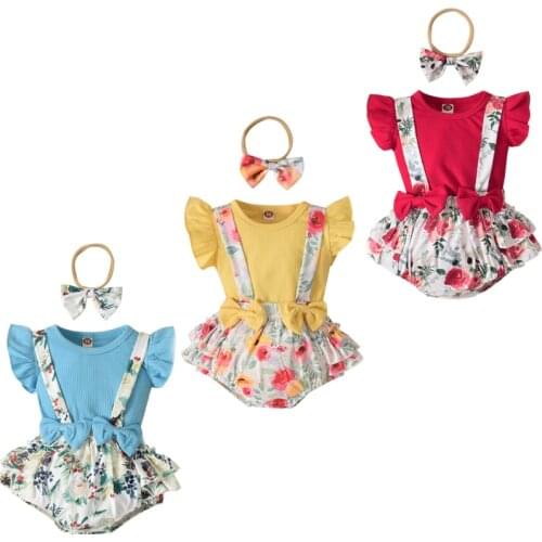 FOCUSNORM 3pcs Summer Baby Girls Clothes Sets Ruffles Fly Sleeve Romper Tops Floral Printed Overalls Shorts Headband 0-12M