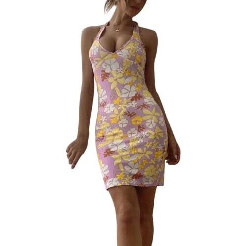 2021 Hrigin Summer Female Short Dress, Floral Print Halterneck Strappy Sleeveless for Summer, Yellow/Purple/Green