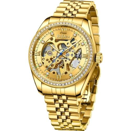 Top Brand BIDEN Mens Dress Watches Automatic Mechanical Male Wristwatch Stainless Steel Rhinestone Golden Casual Business Clock